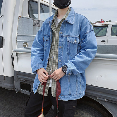 Mėlynos spalvos džinsų striukė Vyriški atvartai Laisvi laisvalaikio vėjo striukė Bomber Striukė Veste Homme Streetwear Džinsiniai paltai 2022 m. rudens vyriški drabužiai