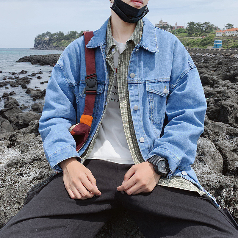 Μπλε τζιν μπουφάν ανδρικό πέτο Loose casual Windbreaker Bomber Jacket Veste Homme Streetwear Τζιν παλτό 2022 Ανδρικά ρούχα φθινοπώρου