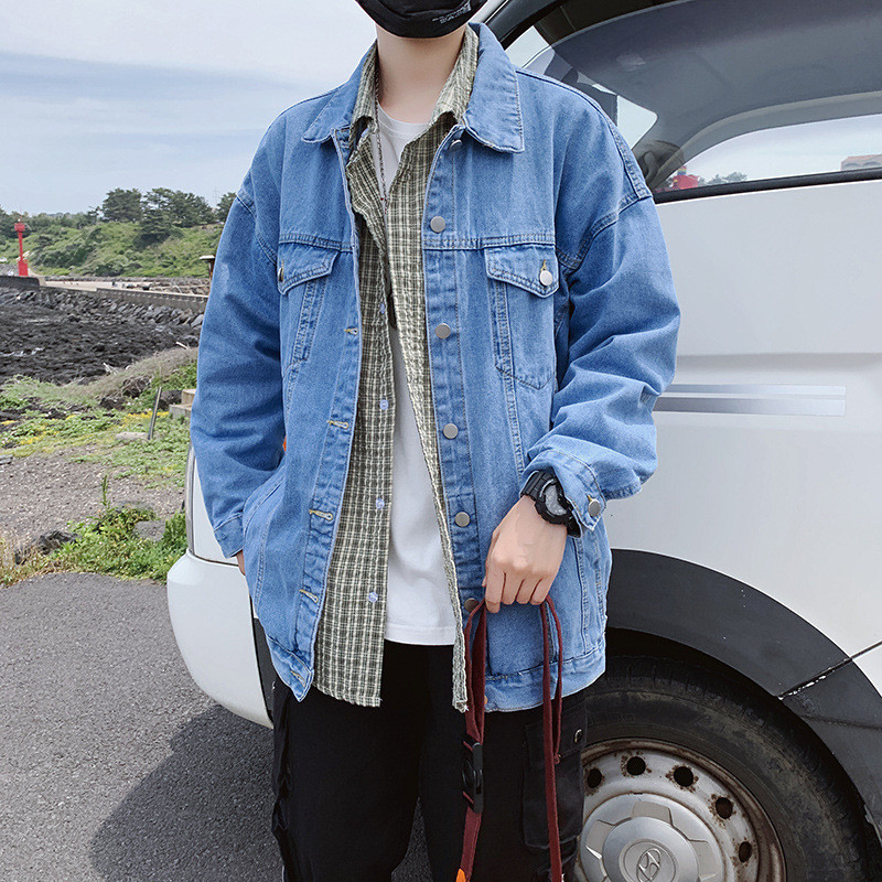 Μπλε τζιν μπουφάν ανδρικό πέτο Loose casual Windbreaker Bomber Jacket Veste Homme Streetwear Τζιν παλτό 2022 Ανδρικά ρούχα φθινοπώρου