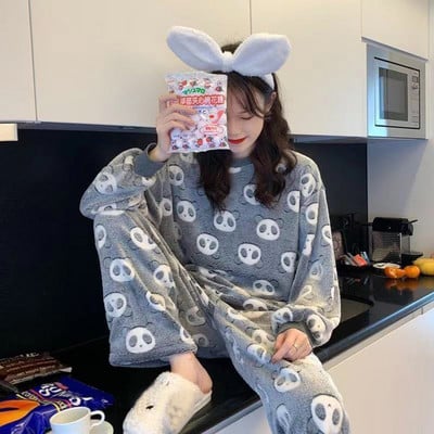 Naiste pidžaamakomplekt Sügis- ja talvine öösärk Flanellist soe pidžaama armsa mustriga magamisriided Kodu Magamisriided PJ Femme