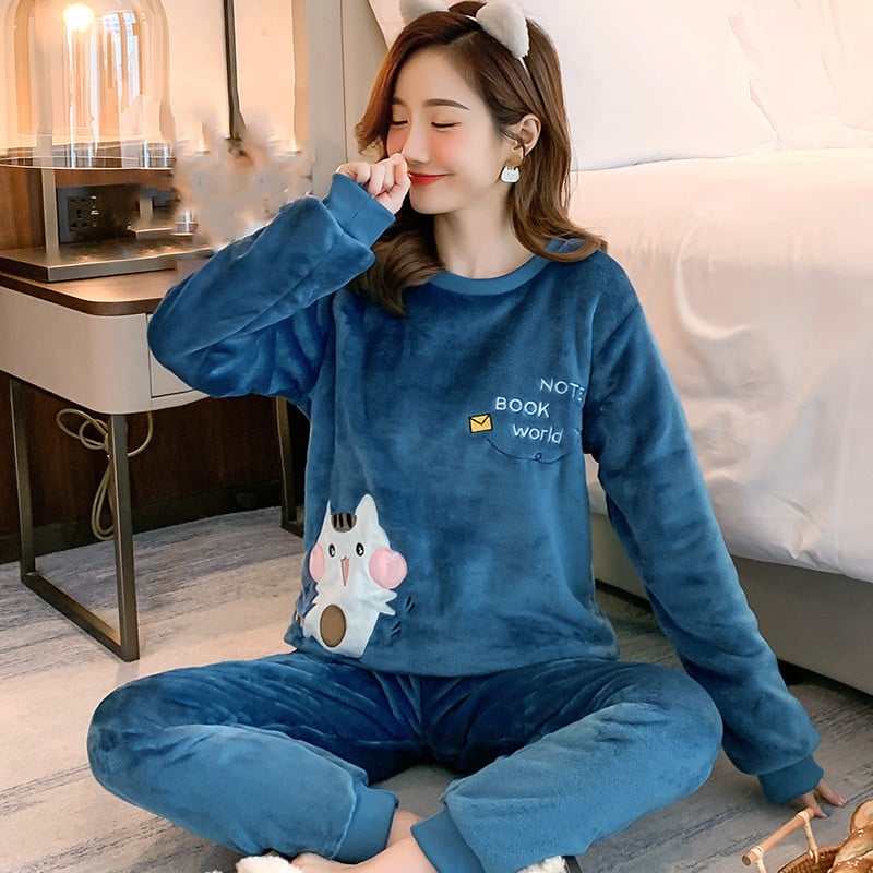 Naiste pidžaamakomplekt Sügis- ja talvine öösärk Flanellist soe pidžaama armsa mustriga magamisriided Kodu Magamisriided PJ Femme