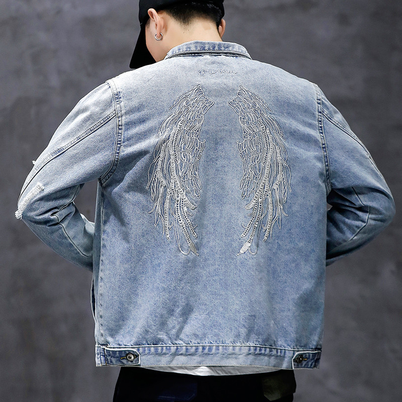 Ανδρικό ρετρό τζιν μπουφάν με βαριά φτερά Κεντημένο τζιν μπουφάν Ανδρικά τζιν μπλουζάκια υψηλής ποιότητας Jaqueta Masculina