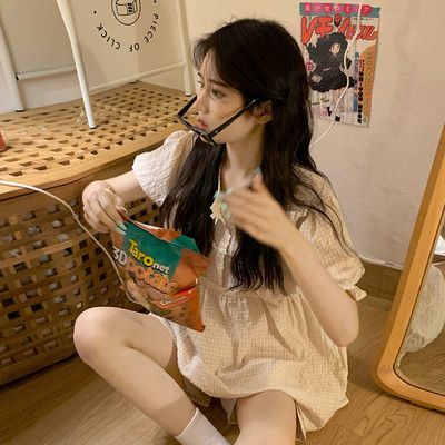 Καρό Σετ Πυτζάμες Γυναικείες βολάν 4 χρωμάτων Κομψό απλό Νέο Casual Κορεάτικο στυλ Γυναικείο μανίκι Puff Lovely Sweet Sleepwear Summer