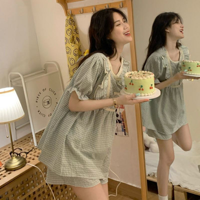 Καρό Σετ Πυτζάμες Γυναικείες βολάν 4 χρωμάτων Κομψό απλό Νέο Casual Κορεάτικο στυλ Γυναικείο μανίκι Puff Lovely Sweet Sleepwear Summer