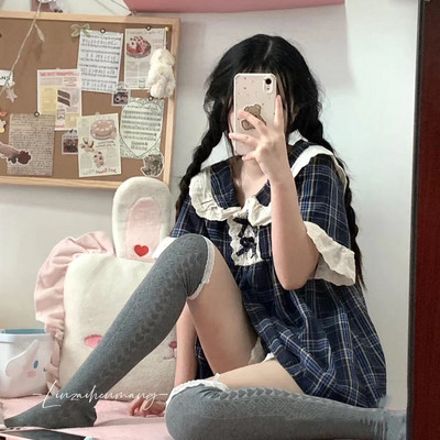 Καρό Σετ Πυτζάμες Γυναικείες βολάν 4 χρωμάτων Κομψό απλό Νέο Casual Κορεάτικο στυλ Γυναικείο μανίκι Puff Lovely Sweet Sleepwear Summer