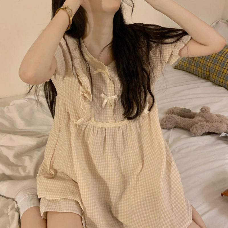 Καρό Σετ Πυτζάμες Γυναικείες βολάν 4 χρωμάτων Κομψό απλό Νέο Casual Κορεάτικο στυλ Γυναικείο μανίκι Puff Lovely Sweet Sleepwear Summer