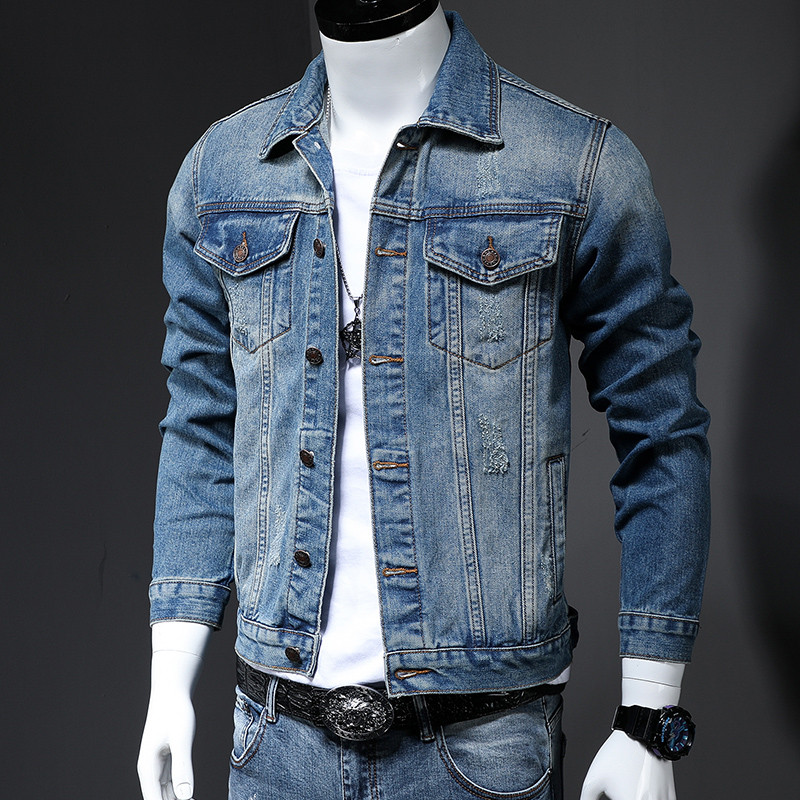 Νέο 2023 βαμβακερό τζιν τζιν ανδρικό σακάκι casual μονόχρωμο πέτο τζιν μονό στήθος ανδρικό μπουφάν φθινοπωρινά λεπτή εφαρμογή Ανδρικά μπουφάν