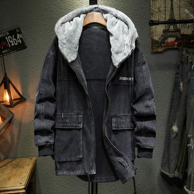 Ανδρικό τζιν μπουφάν με κουκούλα Casual Ανδρικά τζιν μπουφάν Streetwear Μονόχρωμο γιακά με ανάγλυφο τζιν Παλτό ανδρικό τζιν Αποσπώμενο καπέλο