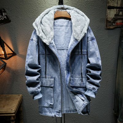 Ανδρικό τζιν μπουφάν με κουκούλα Casual Ανδρικά τζιν μπουφάν Streetwear Μονόχρωμο γιακά με ανάγλυφο τζιν Παλτό ανδρικό τζιν Αποσπώμενο καπέλο