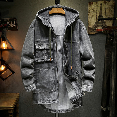 Ανδρικό τζιν μπουφάν με κουκούλα Casual Ανδρικά τζιν μπουφάν Streetwear Μονόχρωμο γιακά με ανάγλυφο τζιν Παλτό ανδρικό τζιν Αποσπώμενο καπέλο