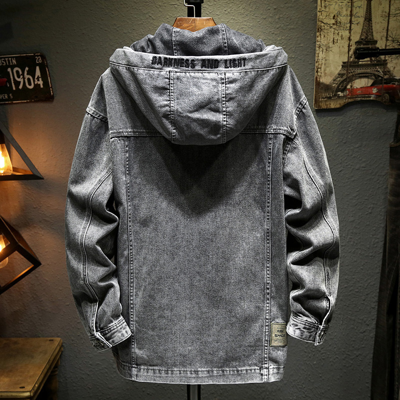 Ανδρικό τζιν μπουφάν με κουκούλα Casual Ανδρικά τζιν μπουφάν Streetwear Μονόχρωμο γιακά με ανάγλυφο τζιν Παλτό ανδρικό τζιν Αποσπώμενο καπέλο