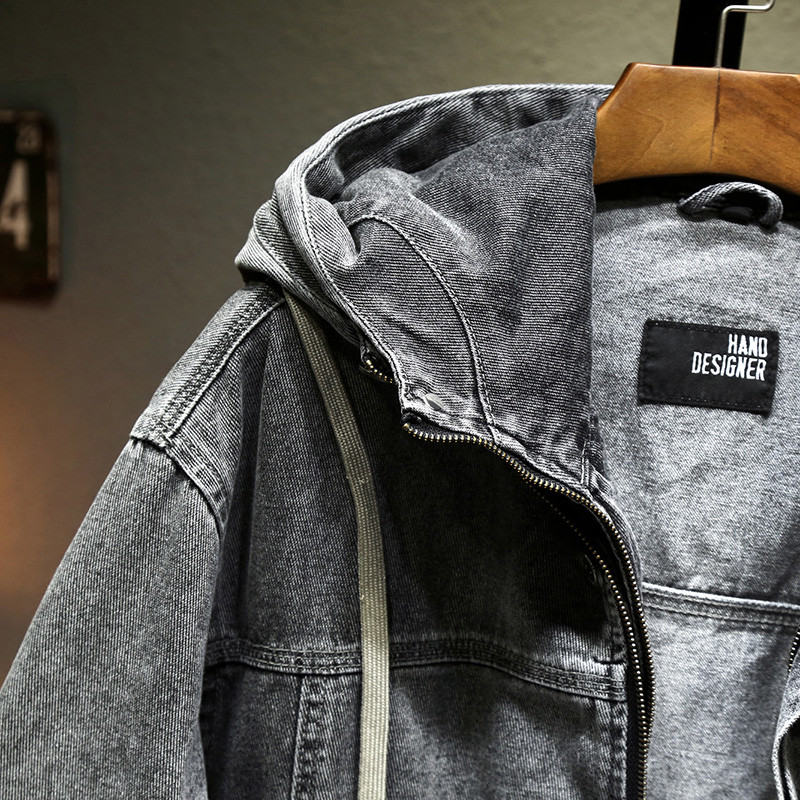 Ανδρικό τζιν μπουφάν με κουκούλα Casual Ανδρικά τζιν μπουφάν Streetwear Μονόχρωμο γιακά με ανάγλυφο τζιν Παλτό ανδρικό τζιν Αποσπώμενο καπέλο