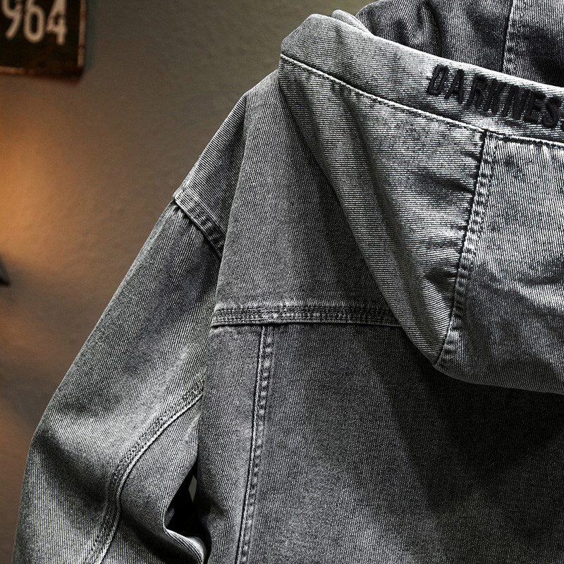 Ανδρικό τζιν μπουφάν με κουκούλα Casual Ανδρικά τζιν μπουφάν Streetwear Μονόχρωμο γιακά με ανάγλυφο τζιν Παλτό ανδρικό τζιν Αποσπώμενο καπέλο