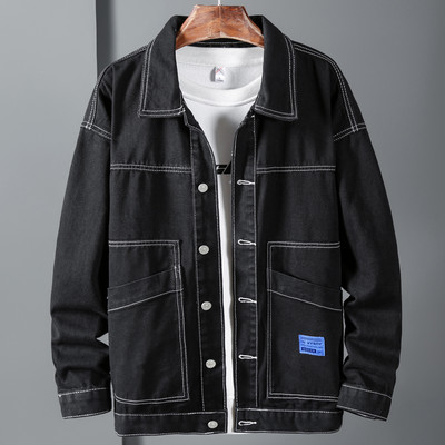 Есенни мъжки дънкови якета от пран памук Jaqueta дънки Черни пачуърк Streetwear Chaquetas Hombre Masculina Палта