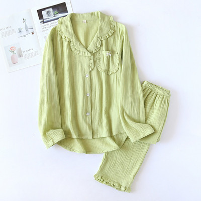 Ιαπωνική νέα άνοιξη και φθινόπωρο γυναικείες πιτζάμες βαμβακερές κρεπ μακρυμάνικο παντελόνι δύο τεμαχίων μονόχρωμο χαριτωμένο κοστούμι υπηρεσίας στο σπίτι