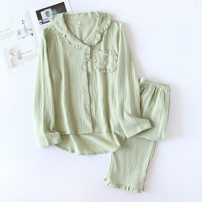 Ιαπωνική νέα άνοιξη και φθινόπωρο γυναικείες πιτζάμες βαμβακερές κρεπ μακρυμάνικο παντελόνι δύο τεμαχίων μονόχρωμο χαριτωμένο κοστούμι υπηρεσίας στο σπίτι