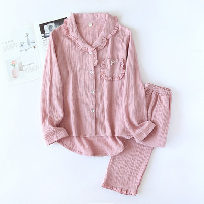 Ιαπωνική νέα άνοιξη και φθινόπωρο γυναικείες πιτζάμες βαμβακερές κρεπ μακρυμάνικο παντελόνι δύο τεμαχίων μονόχρωμο χαριτωμένο κοστούμι υπηρεσίας στο σπίτι