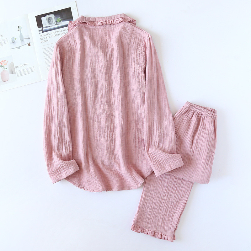 Ιαπωνική νέα άνοιξη και φθινόπωρο γυναικείες πιτζάμες βαμβακερές κρεπ μακρυμάνικο παντελόνι δύο τεμαχίων μονόχρωμο χαριτωμένο κοστούμι υπηρεσίας στο σπίτι