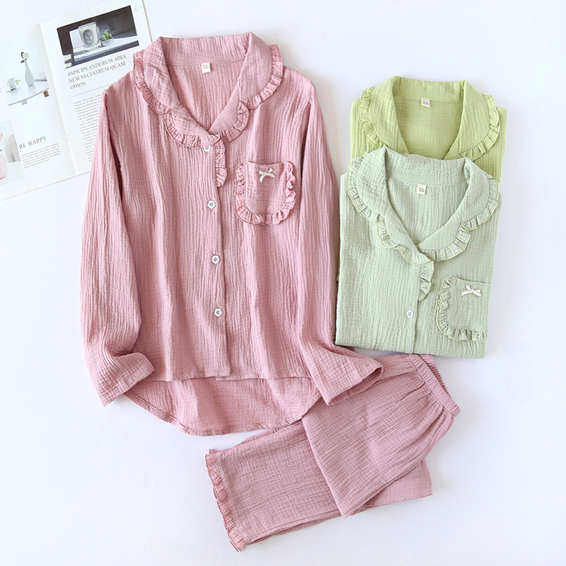 Ιαπωνική νέα άνοιξη και φθινόπωρο γυναικείες πιτζάμες βαμβακερές κρεπ μακρυμάνικο παντελόνι δύο τεμαχίων μονόχρωμο χαριτωμένο κοστούμι υπηρεσίας στο σπίτι