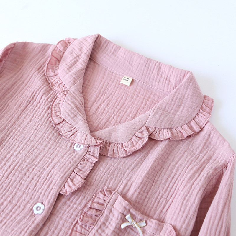 Ιαπωνική νέα άνοιξη και φθινόπωρο γυναικείες πιτζάμες βαμβακερές κρεπ μακρυμάνικο παντελόνι δύο τεμαχίων μονόχρωμο χαριτωμένο κοστούμι υπηρεσίας στο σπίτι