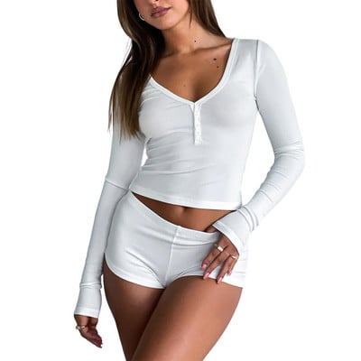 Naiste pikkade varrukatega topid ja lühikesed püksid, ülikond Slim Fit Skinny Crop topid ja lühikesed püksid, vabaaja ühevärvilised kerged ja mugavad öösärk