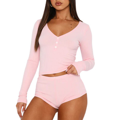 Naiste pikkade varrukatega topid ja lühikesed püksid, ülikond Slim Fit Skinny Crop topid ja lühikesed püksid, vabaaja ühevärvilised kerged ja mugavad öösärk