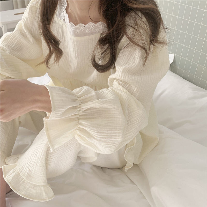 Σετ πιτζάμες Γυναικείες μασίφ Απλό τετράγωνο γιακά Κορίτσια κολεγίου Kawaii Ιαπωνικό στυλ Φθινοπωρινά ρούχα Basic Casual Femme Lounge Άνετο