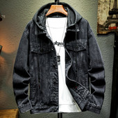 Jachetă de blugi bărbați cu glugă ocazional jachete de blugi pentru bărbați, haine de stradă, de culoare solidă, guler răsturnat, paltoane de denim, jachete pentru bărbați, pălărie detașabilă