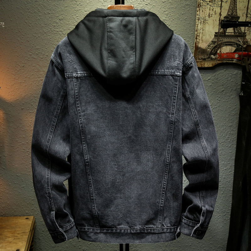 Jachetă de blugi bărbați cu glugă ocazional jachete de blugi pentru bărbați, haine de stradă, de culoare solidă, guler răsturnat, paltoane de denim, jachete pentru bărbați, pălărie detașabilă