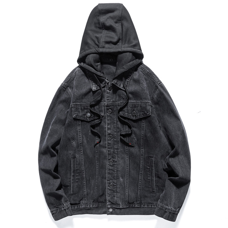 Jachetă de blugi bărbați cu glugă ocazional jachete de blugi pentru bărbați, haine de stradă, de culoare solidă, guler răsturnat, paltoane de denim, jachete pentru bărbați, pălărie detașabilă