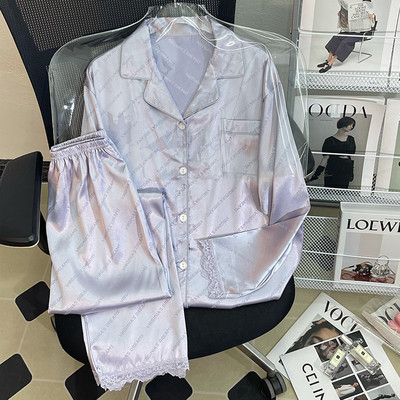 Pižamos Moteriška šilkinė pižama ilgomis rankovėmis pižamos pižamos kostiumas su gėlėmis margintas Aukštos kokybės ledinis šilkas gali būti dėvimas lauke namuose Pižama