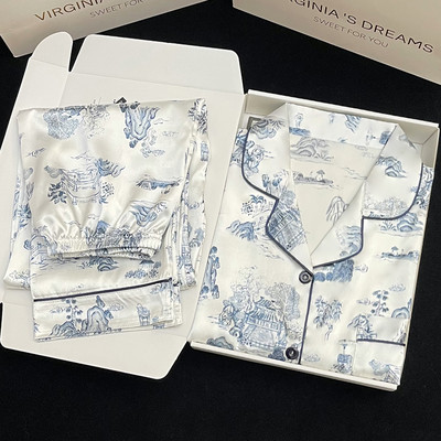 Pižamos Moteriška šilkinė pižama ilgomis rankovėmis pižamos pižamos kostiumas su gėlėmis margintas Aukštos kokybės ledinis šilkas gali būti dėvimas lauke namuose Pižama