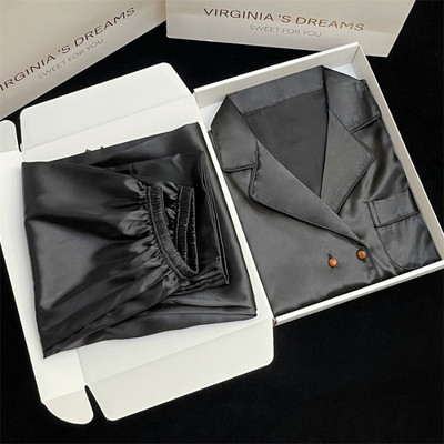 Pižamos Moteriška šilkinė pižama ilgomis rankovėmis pižamos pižamos kostiumas su gėlėmis margintas Aukštos kokybės ledinis šilkas gali būti dėvimas lauke namuose Pižama