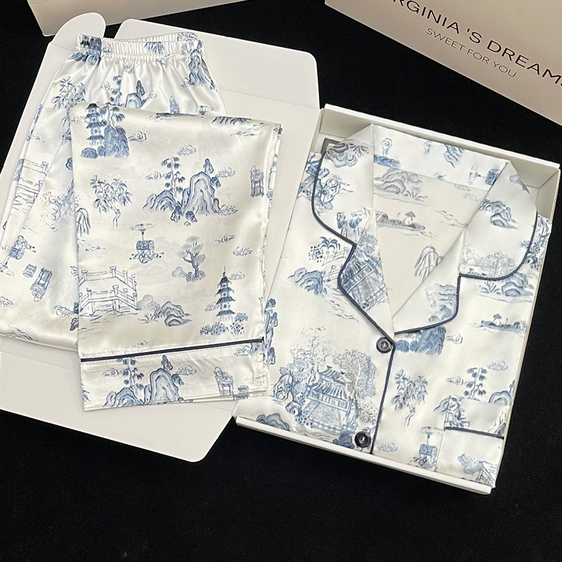 Pižamos Moteriška šilkinė pižama ilgomis rankovėmis pižamos pižamos kostiumas su gėlėmis margintas Aukštos kokybės ledinis šilkas gali būti dėvimas lauke namuose Pižama