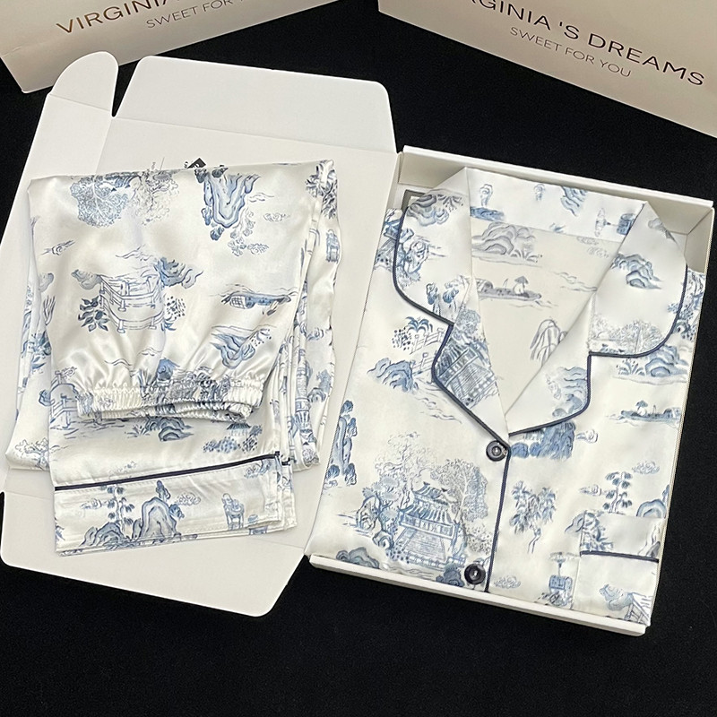 Pižamos Moteriška šilkinė pižama ilgomis rankovėmis pižamos pižamos kostiumas su gėlėmis margintas Aukštos kokybės ledinis šilkas gali būti dėvimas lauke namuose Pižama