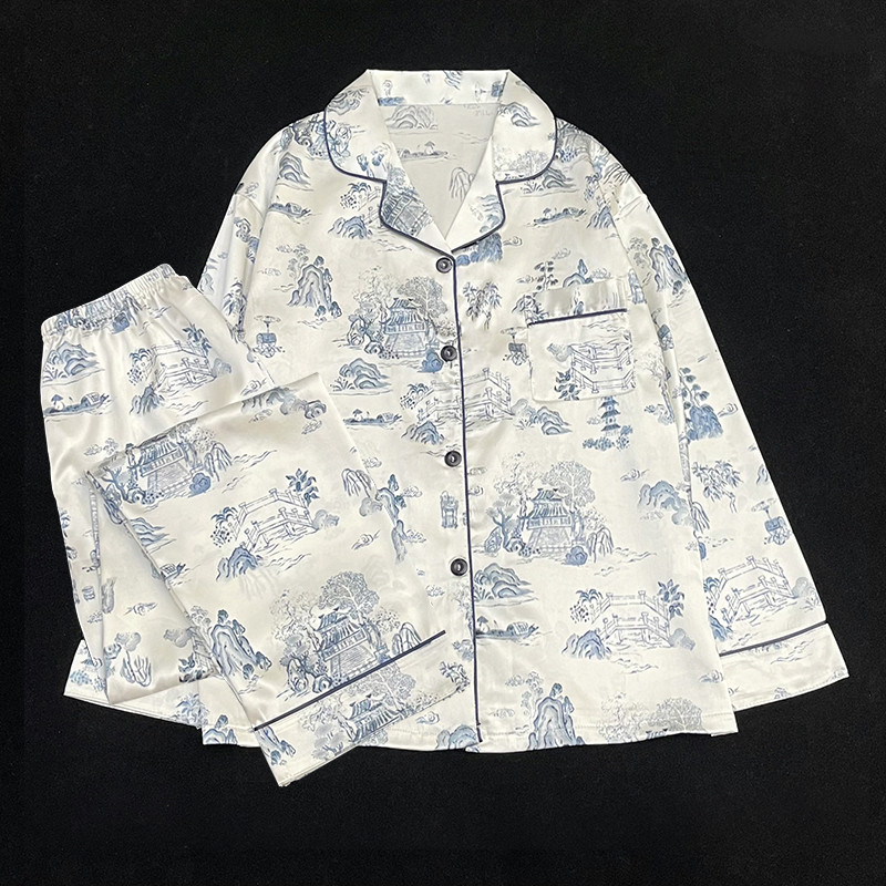 Pižamos Moteriška šilkinė pižama ilgomis rankovėmis pižamos pižamos kostiumas su gėlėmis margintas Aukštos kokybės ledinis šilkas gali būti dėvimas lauke namuose Pižama