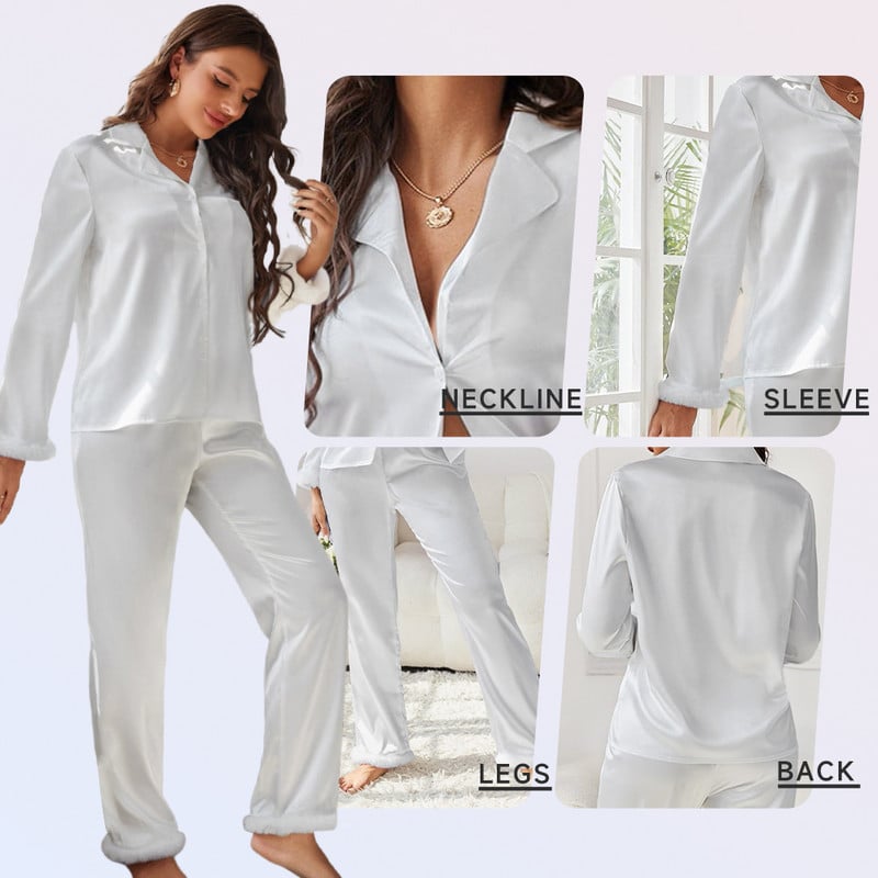 Hosszú ujjú hosszú nadrág 2 részes öltöny fehér koszorúslány pizsama estélyi ruha szatén hajtóka Többszínű rugalmasság női pizsama szexi