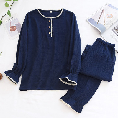 Γυναικεία ιαπωνική άνοιξη και φθινόπωρο 100% βαμβακερές πιτζάμες δύο τεμαχίων λεπτή μακρυμάνικη μεγάλου μεγέθους μονόχρωμη φόρμα υπηρεσίας σπιτιού καλοκαίρι