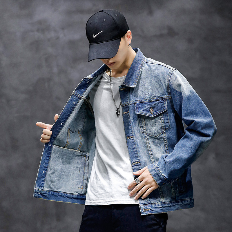 Νέο 2021 βαμβακερό τζιν μπουφάν ανδρικό casual μονόχρωμο πέτο τζιν μονό στήθος ανδρικό μπουφάν φθινοπωρινά λεπτή εφαρμογή Ανδρικά μπουφάν