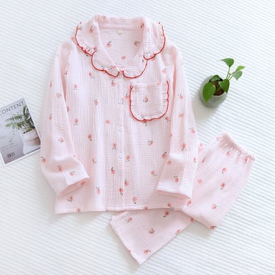 Kevad ja sügis uued naiste pidžaamad pikkade varrukatega püksid kaheosaline komplekt 100% puuvillane krepp armas pluss suuruses koduriiete ülikond naistele