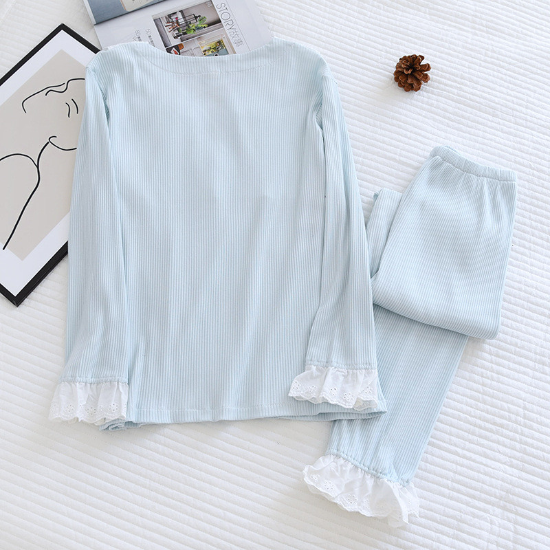 2023Νέο Άνοιξη και Καλοκαίρι 100%Βαμβακερή Πλεκτή Πιτζάμες Γυναικείες Γυναικείες με λαιμόκοψη σε σχήμα V Απλό Σετ Σέρβις για Σπίτι Γλυκό μακρυμάνικο παντελόνι