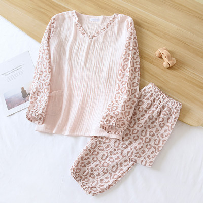 Νέα γυναικεία ανοιξιάτικη και φθινοπωρινή 100% βαμβακερή κρεπ πιτζάμες μακρυμάνικο παντελόνι σετ σέξι σπιτικού σετ λεοπάρ με λαιμόκοψη σε V λαιμόκοψη