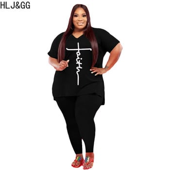 HLJ&GG Plus Size Casual σετ δύο τεμαχίων Γυναικεία σετ V λαιμόκοψη κοντό μανίκι και στενό παντελόνι αθλητικές φόρμες ανοιξιάτικη εκτύπωση ασορτί στολή