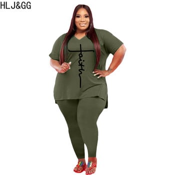 HLJ&GG Plus Size Casual σετ δύο τεμαχίων Γυναικεία σετ V λαιμόκοψη κοντό μανίκι και στενό παντελόνι αθλητικές φόρμες ανοιξιάτικη εκτύπωση ασορτί στολή