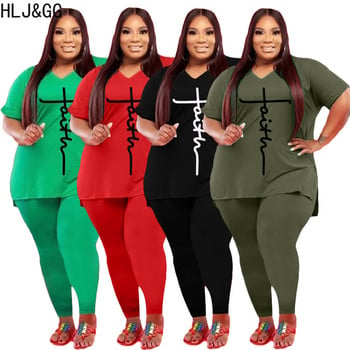 HLJ&GG Plus Size Casual σετ δύο τεμαχίων Γυναικεία σετ V λαιμόκοψη κοντό μανίκι και στενό παντελόνι αθλητικές φόρμες ανοιξιάτικη εκτύπωση ασορτί στολή