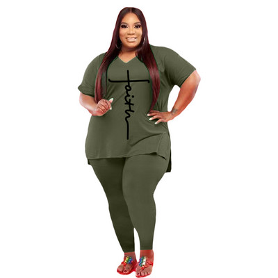 HLJ&GG Plus Size Casual σετ δύο τεμαχίων Γυναικεία σετ V λαιμόκοψη κοντό μανίκι και στενό παντελόνι αθλητικές φόρμες ανοιξιάτικη εκτύπωση ασορτί στολή