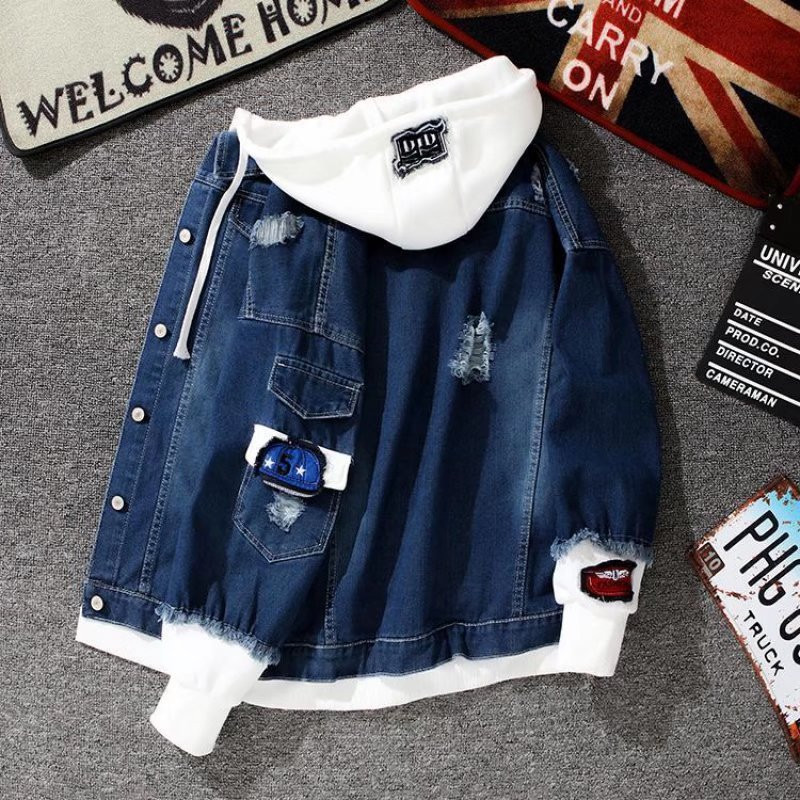 Φθινοπωρινό τζιν μπουφάν με κουκούλα Ανδρικά ρούχα Hip hop Τζιν παλτό Retro Jean Jacket Casual Bomber Jacket Ανδρικά κουκούλα