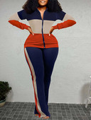 Γυναικεία ρούχα LW Plus Size Σετ παντελόνι ριγέ συνονθύλευμα Τσέπη με γιακά με κουκούλα με μακρυμάνικο σχέδιο σετ δύο τεμαχίων γυναικεία φόρμα