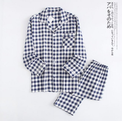 Ιαπωνική νέα πιτζάμες ζευγάρι, μακρυμάνικο παντελόνι, γάζα δύο τεμαχίων από 100% βαμβακερή απλή καρό φόρμα για άντρες και γυναίκες