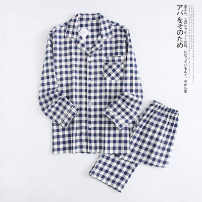 Ιαπωνική νέα πιτζάμες ζευγάρι, μακρυμάνικο παντελόνι, γάζα δύο τεμαχίων από 100% βαμβακερή απλή καρό φόρμα για άντρες και γυναίκες